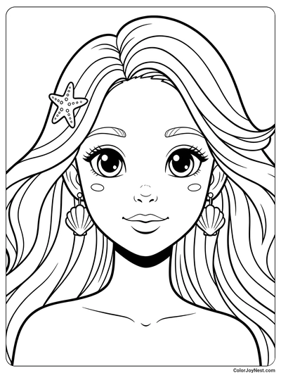 Beautiful Mermaid Face Portrait Coloring Page