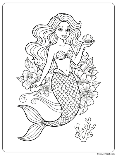 Beautiful Mermaid with Sea Flowers Coloring Page