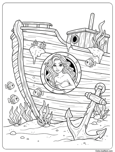 Curly Hair Mermaid Exploring Shipwreck Coloring Page