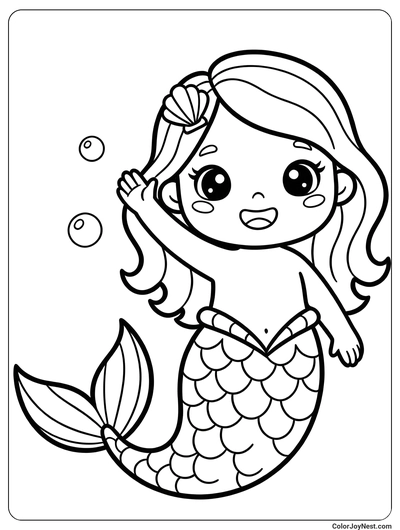 Cute Mermaid Waving Hello Coloring Page