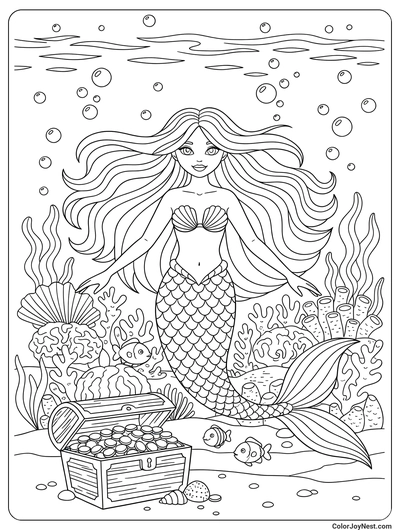Gorgeous Mermaid Ocean Scene Coloring Page