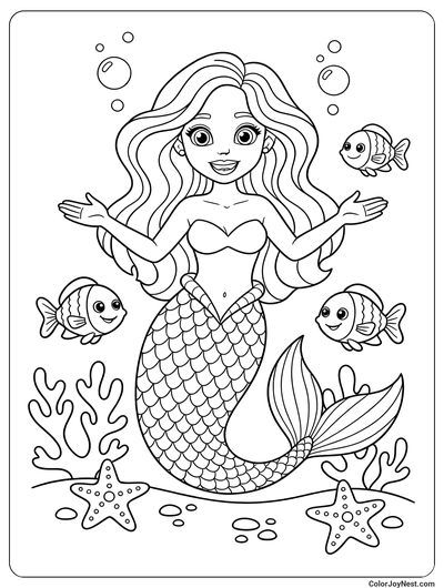 Mermaid with Fish Friends Coloring Page