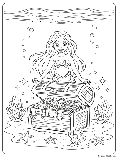 Mermaid Magic Treasure Chest Coloring Page