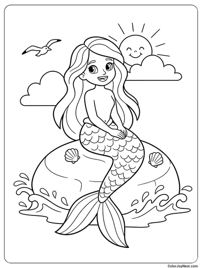 Mermaid Sitting on Rock Coloring Page