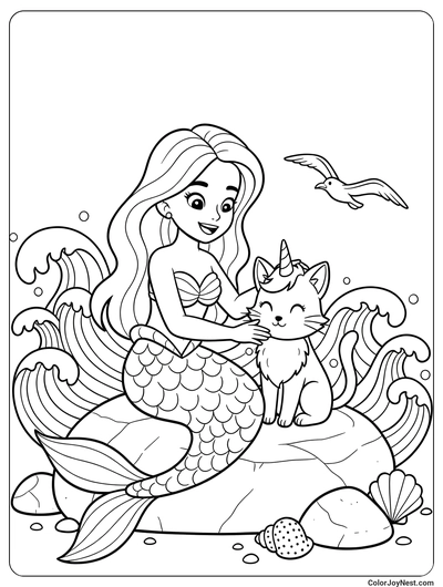 Mermaid and Unicorn Cat Friends Coloring Page