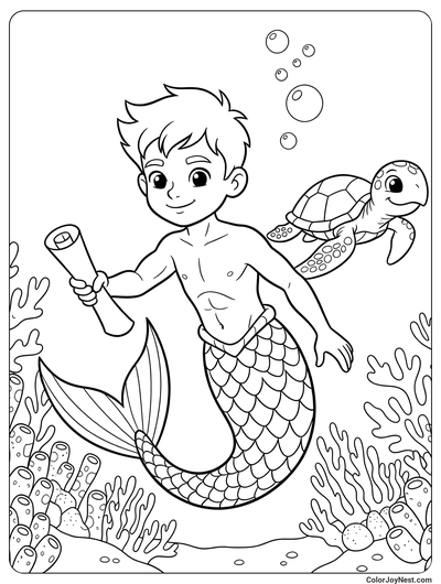 Merman Boy Swimming Adventure Coloring Page