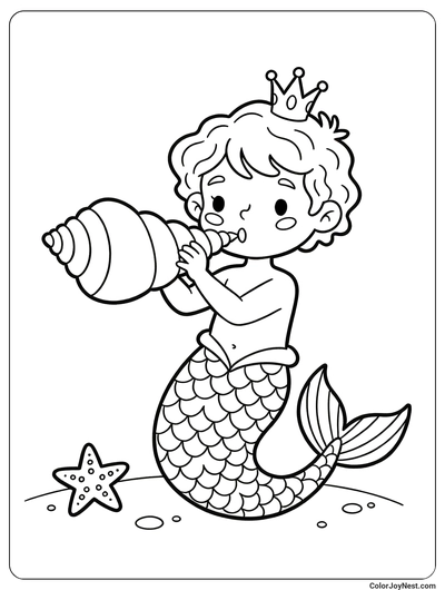 Merman Prince with Shell Horn Coloring Page