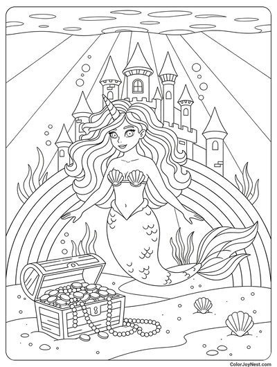 Unicorn Mermaid Castle Kingdom Coloring Page