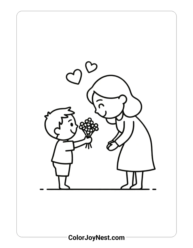 Child Giving Mom Flowers Coloring Page