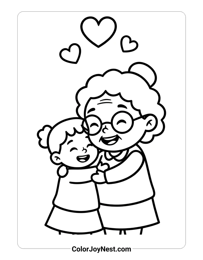 Grandma and Grandchild Hug Coloring Page