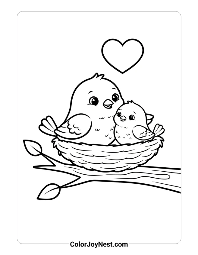 Mom and Baby Bird Nest Coloring Page
