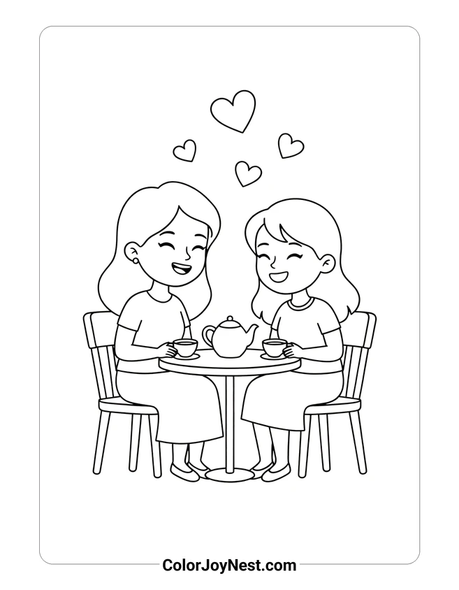 Mom and Daughter Tea Party Coloring Page