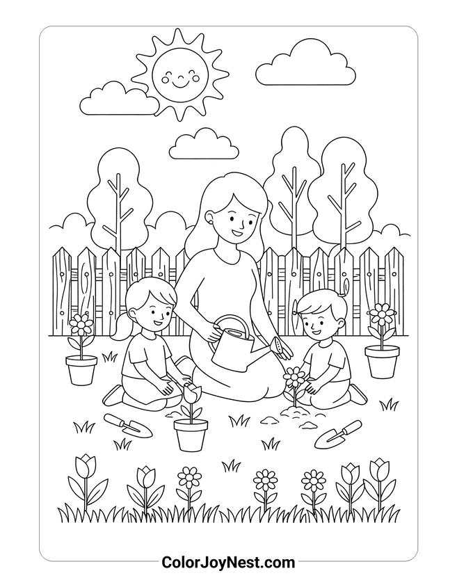 Mom and Kids Garden Coloring Page
