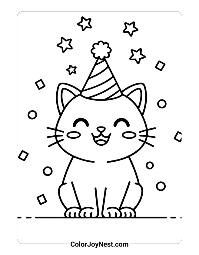 Cat in Party Hat Coloring Page