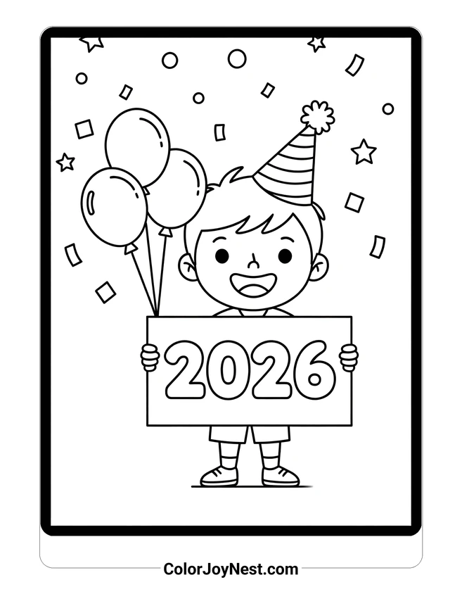 Child Holding 2026 Sign Coloring Page
