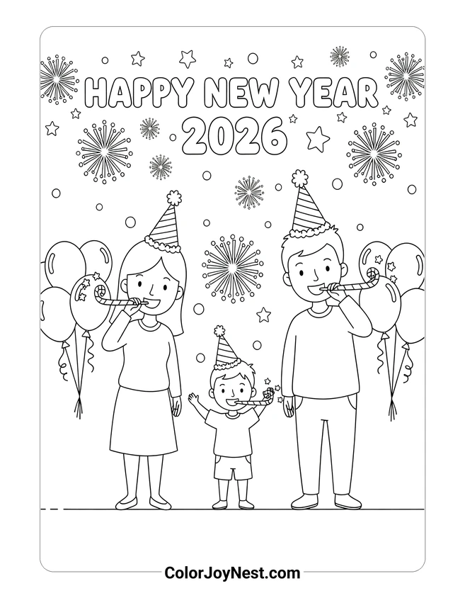 Family New Year Celebration Coloring Page