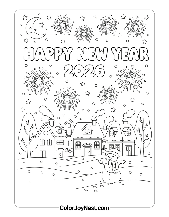 Fireworks Over Snowy Town Coloring Page