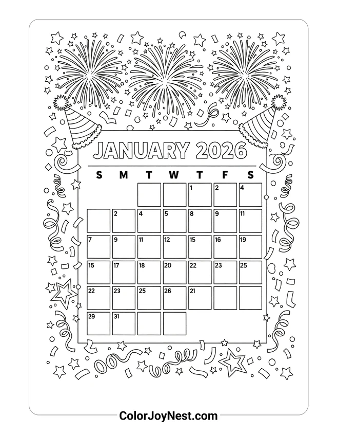 January 2026 Calendar Coloring Page