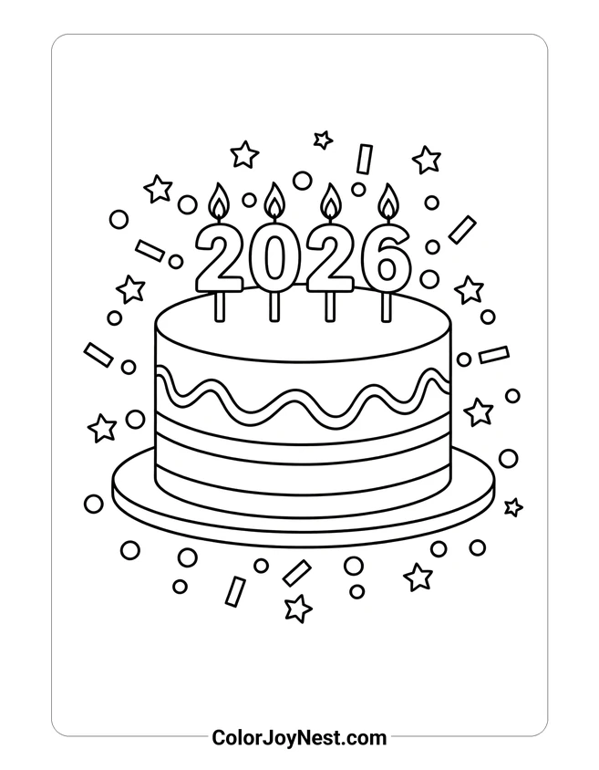 New Year Cake 2026 Coloring Page