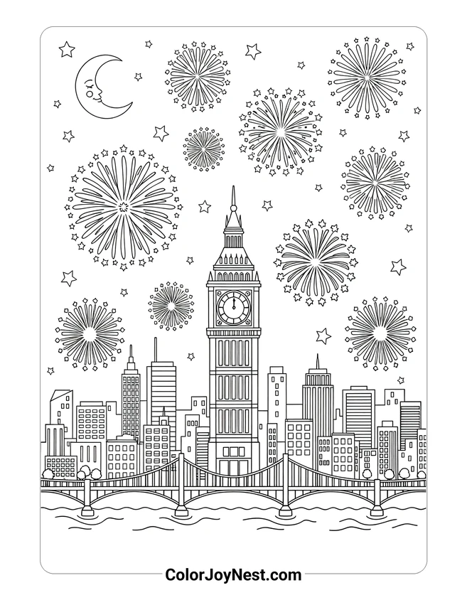 New Year Midnight City Coloring Page