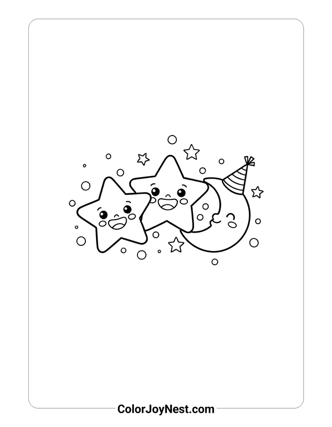 Smiling Stars and Moon Coloring Page