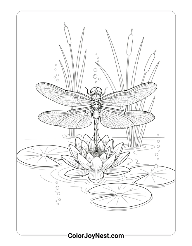 Dragonfly and Water Lilies Coloring Page