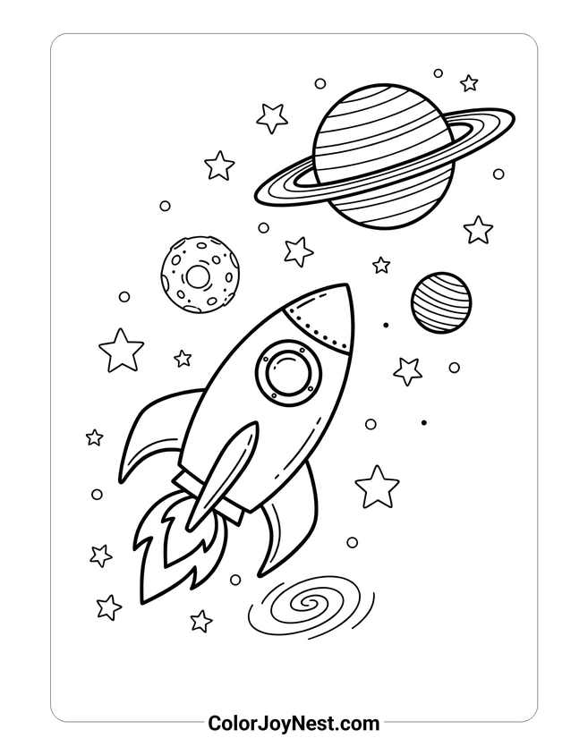 Galaxy Rocket and Planets Coloring Page