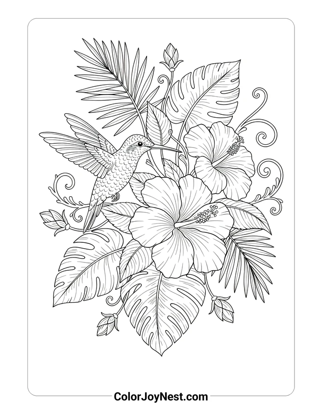 Hummingbird and Hibiscus Coloring Page