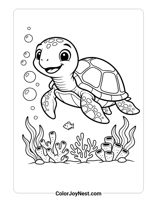 Ocean Turtle with Coral Coloring Page