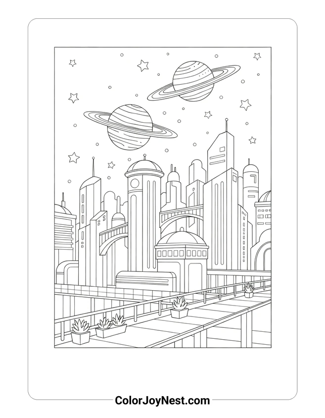 Space City Skyline Coloring Page