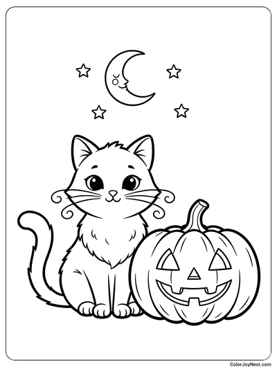Halloween Cat and Pumpkin Coloring Page