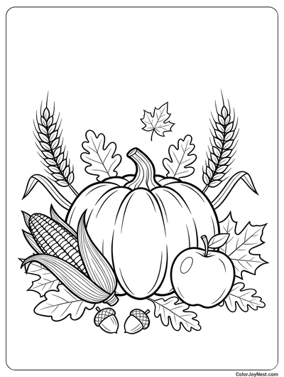 Harvest Pumpkin and Corn Coloring Page