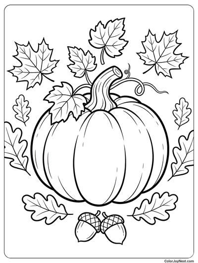Pumpkin with Autumn Leaves Coloring Page