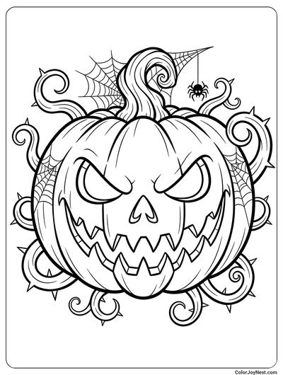 Scary Jack-o-Lantern Spider Coloring Page
