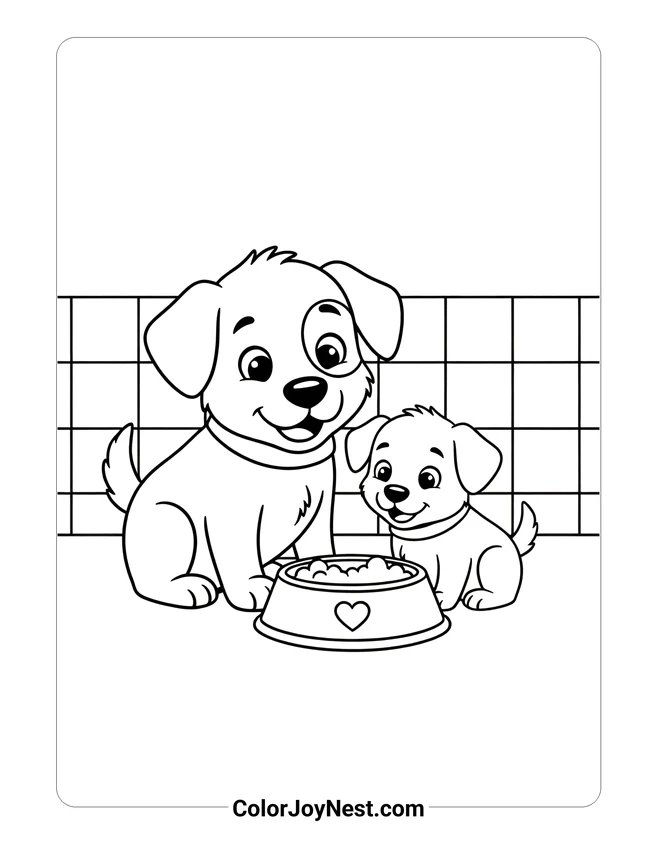 Dog and Puppy Sharing Food Coloring Page