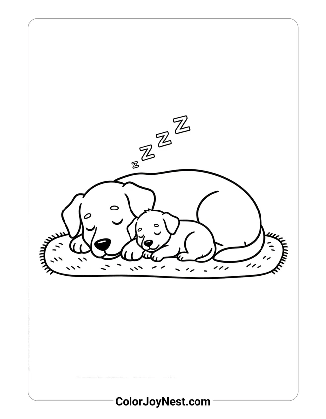 Dog and Puppy Sleeping Together Coloring Page