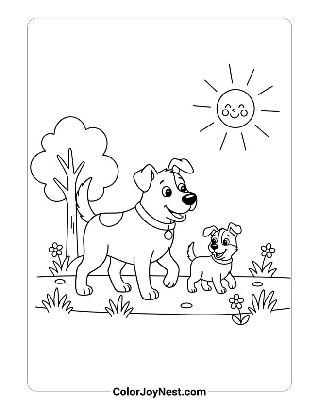 Dog and Puppy Walking Coloring Page