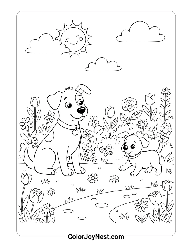 Dog Watching Puppy Play Coloring Page