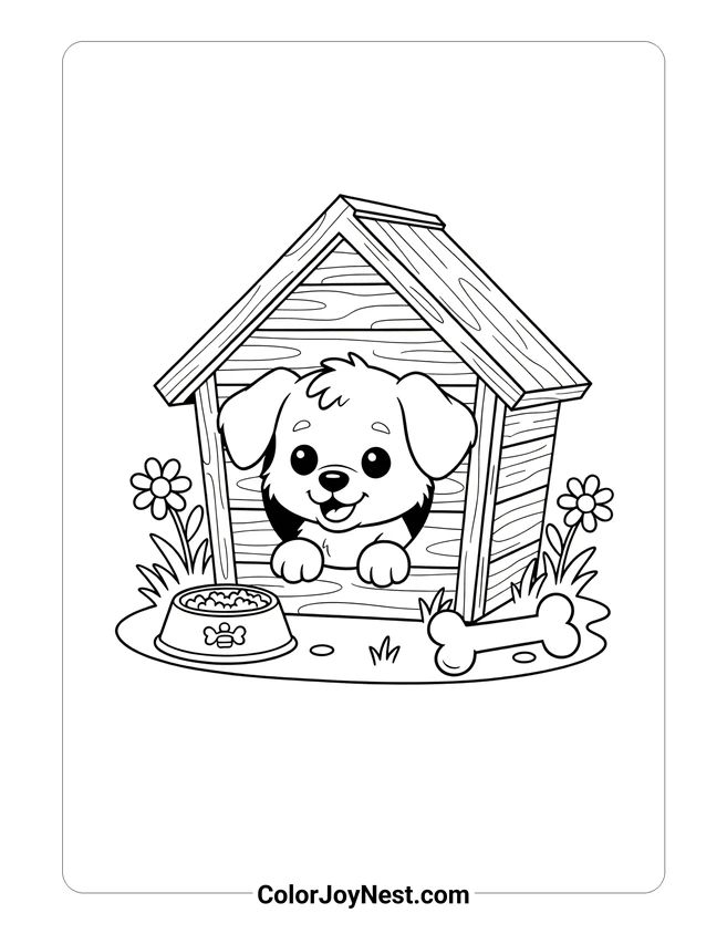 Puppy in Doghouse Coloring Page