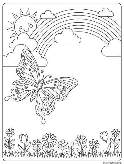 Butterfly and Rainbow Coloring Page