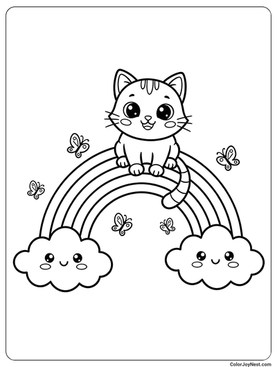 Cat Sitting on Rainbow Coloring Page
