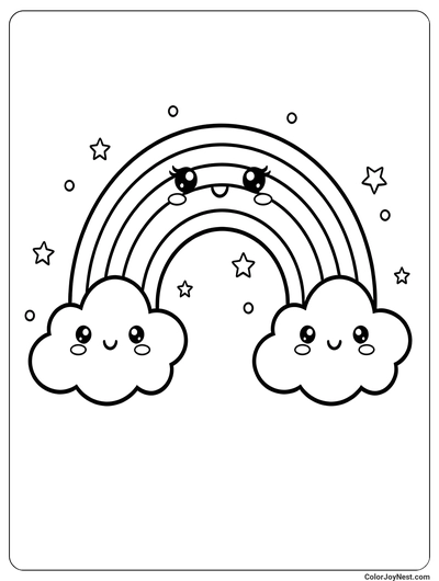 Cute Smiling Rainbow with Stars Coloring Page