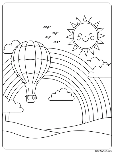 Hot Air Balloon Rainbow Ride Coloring Page