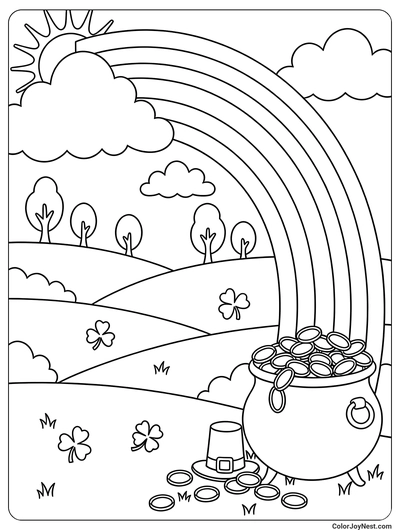 Magical Rainbow Pot of Gold Scene Coloring Page