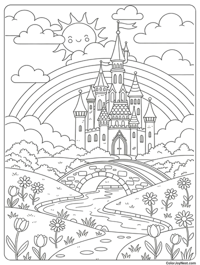 Rainbow Over Fairy Castle Coloring Page