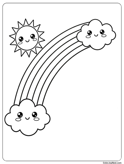 Rainbow with Smiling Sun and Clouds Coloring Page