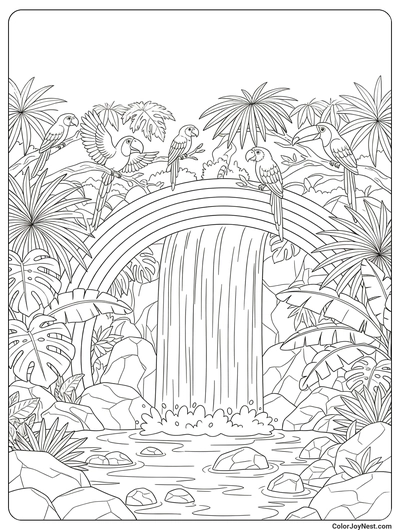 Rainbow Waterfall Jungle Scene Coloring Page