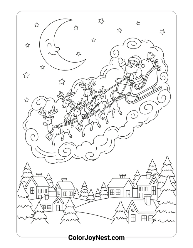 Santa and Reindeer Flying Coloring Page