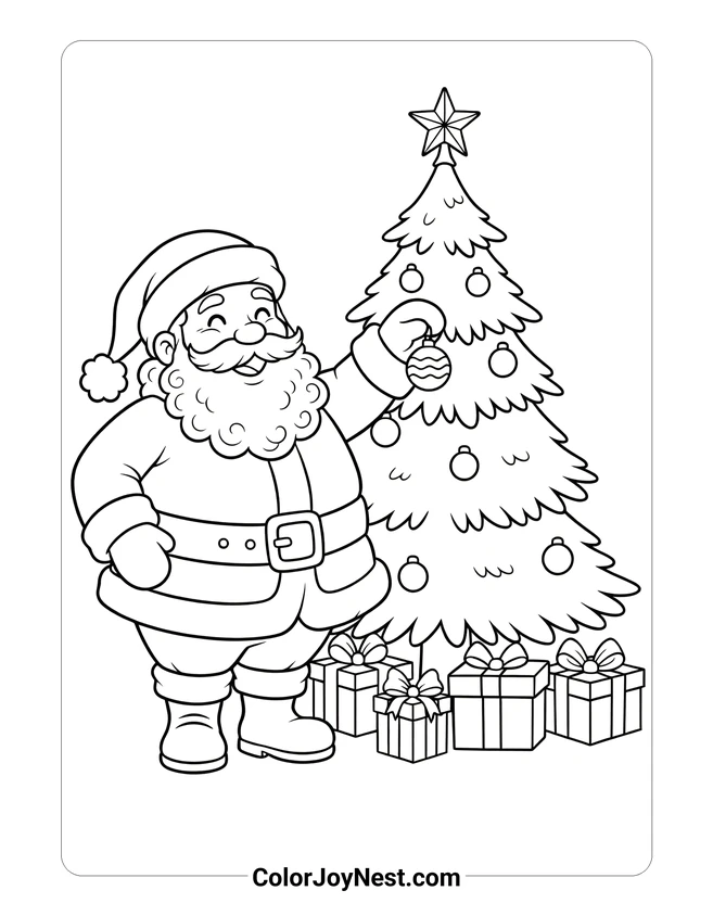 Santa Decorating Tree Coloring Page
