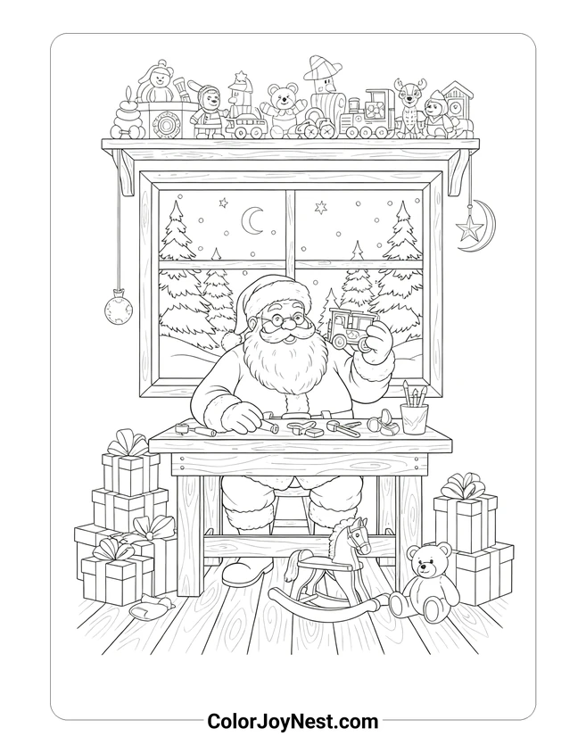 Santa Workshop Scene Coloring Page